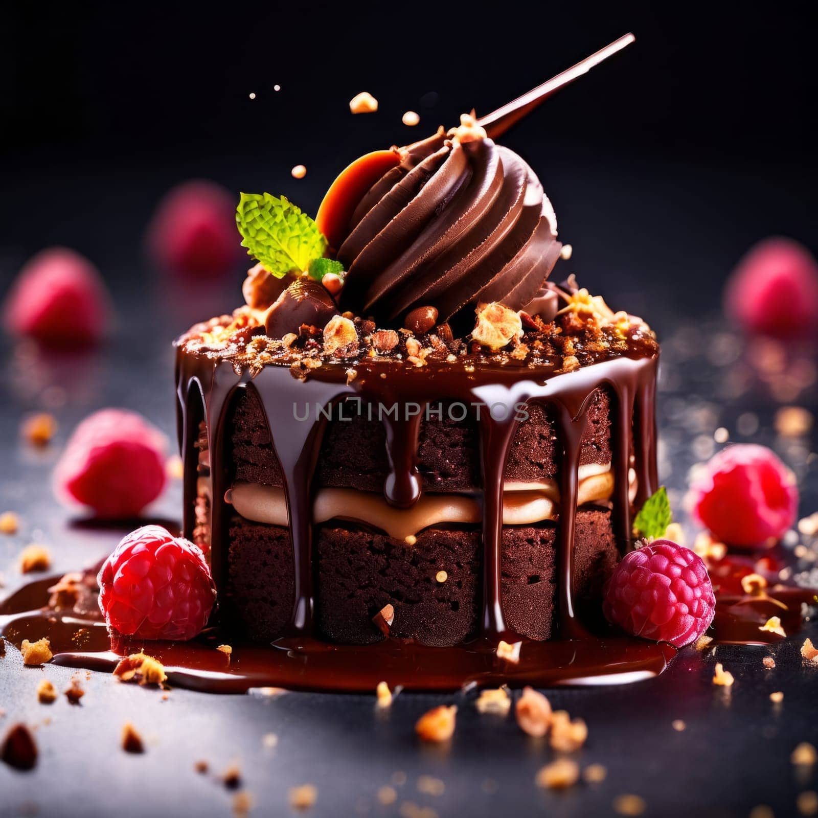 Decadent chocolate cake adorned with fresh raspberries, drizzled with rich chocolate sauce, perfect combination of sweet, tart flavors. For advertise cafe, patisserie, restaurant, food blog, cookbook