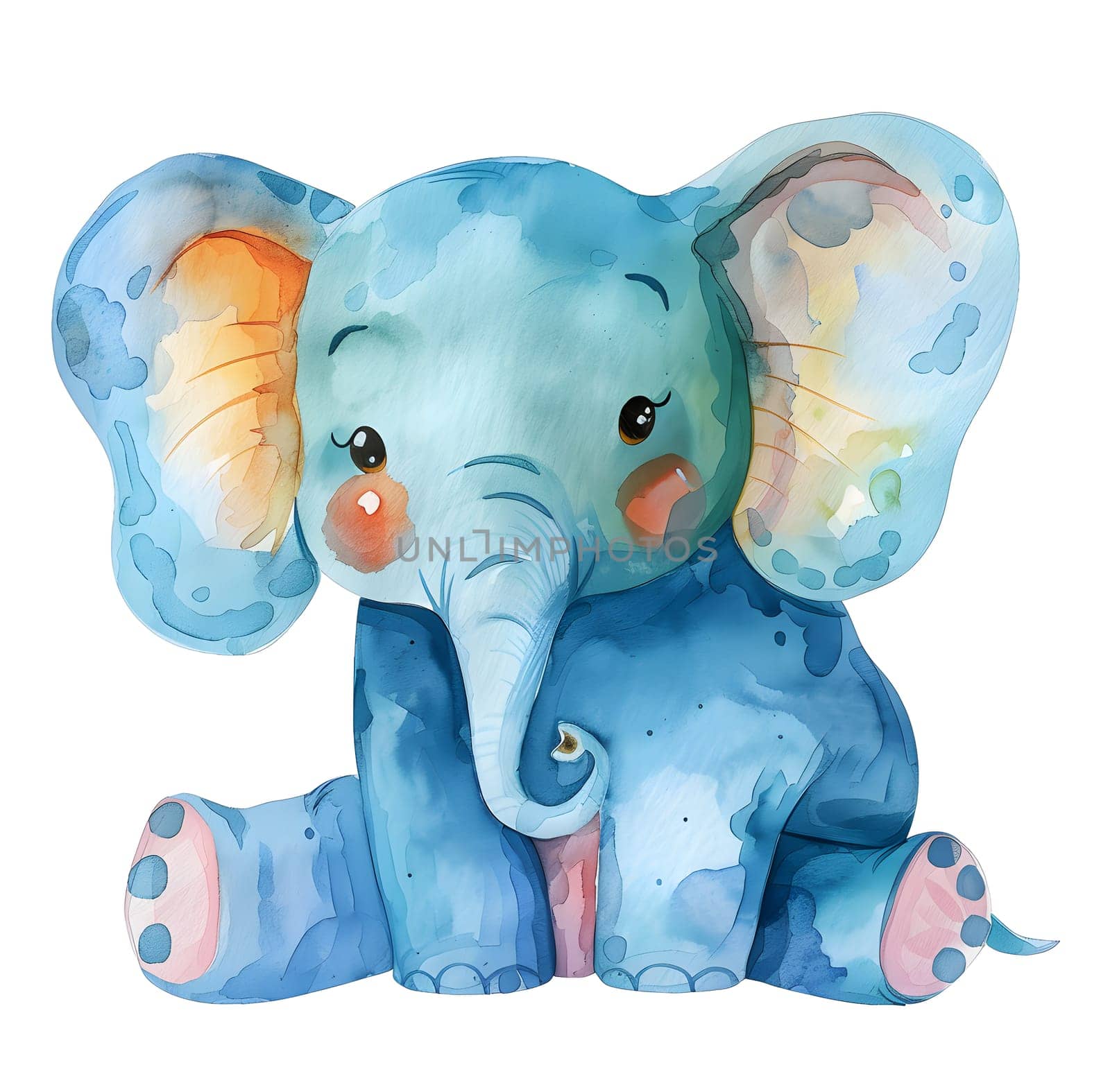 A toy baby elephant is smiling and sitting down, looking at the camera by Nadtochiy