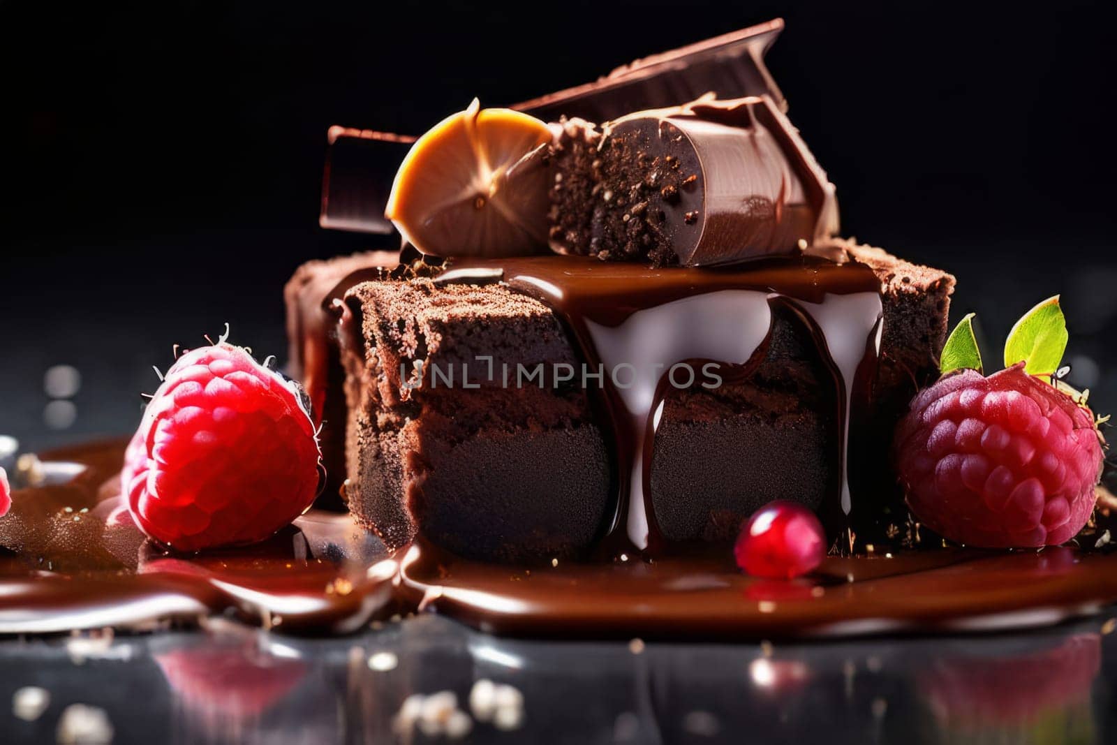 Decadent chocolate cake adorned with fresh raspberries, drizzled with rich chocolate sauce, perfect combination of sweet, tart flavors. For advertise cafe, patisserie, restaurant, food blog, cookbook