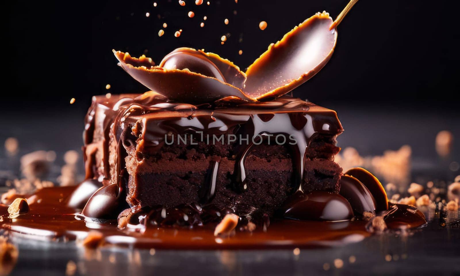 Decadent piece of chocolate cake oozing with rich, velvety chocolate sauce, tempting you with its irresistible sweetness. For recipe websites, cookbooks, dessert advertisements, cafe, culinary blog