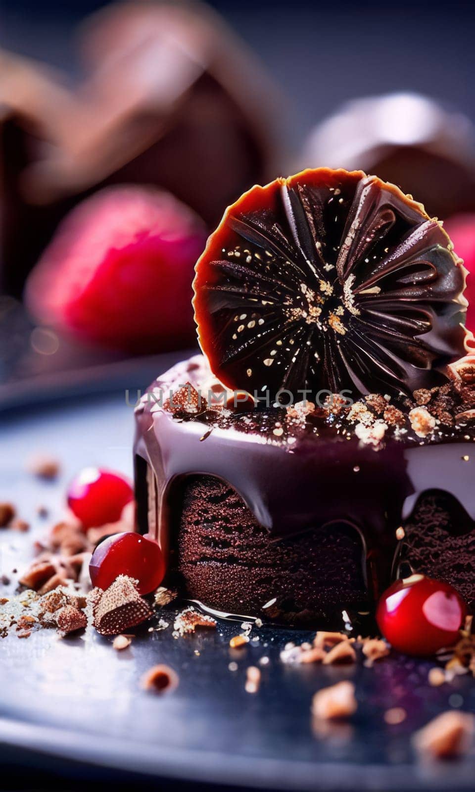 Decadent piece of chocolate cake oozing with rich, velvety chocolate sauce, tempting you with its irresistible sweetness. For recipe websites, cookbooks, dessert advertisements, cafe, culinary blog