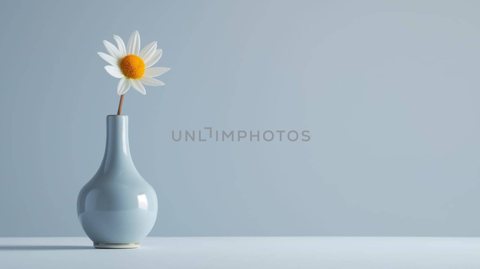 A single white daisy with a bright yellow center stands in a pale blue vase on a white surface, highlighted by soft, natural lighting - Generative AI