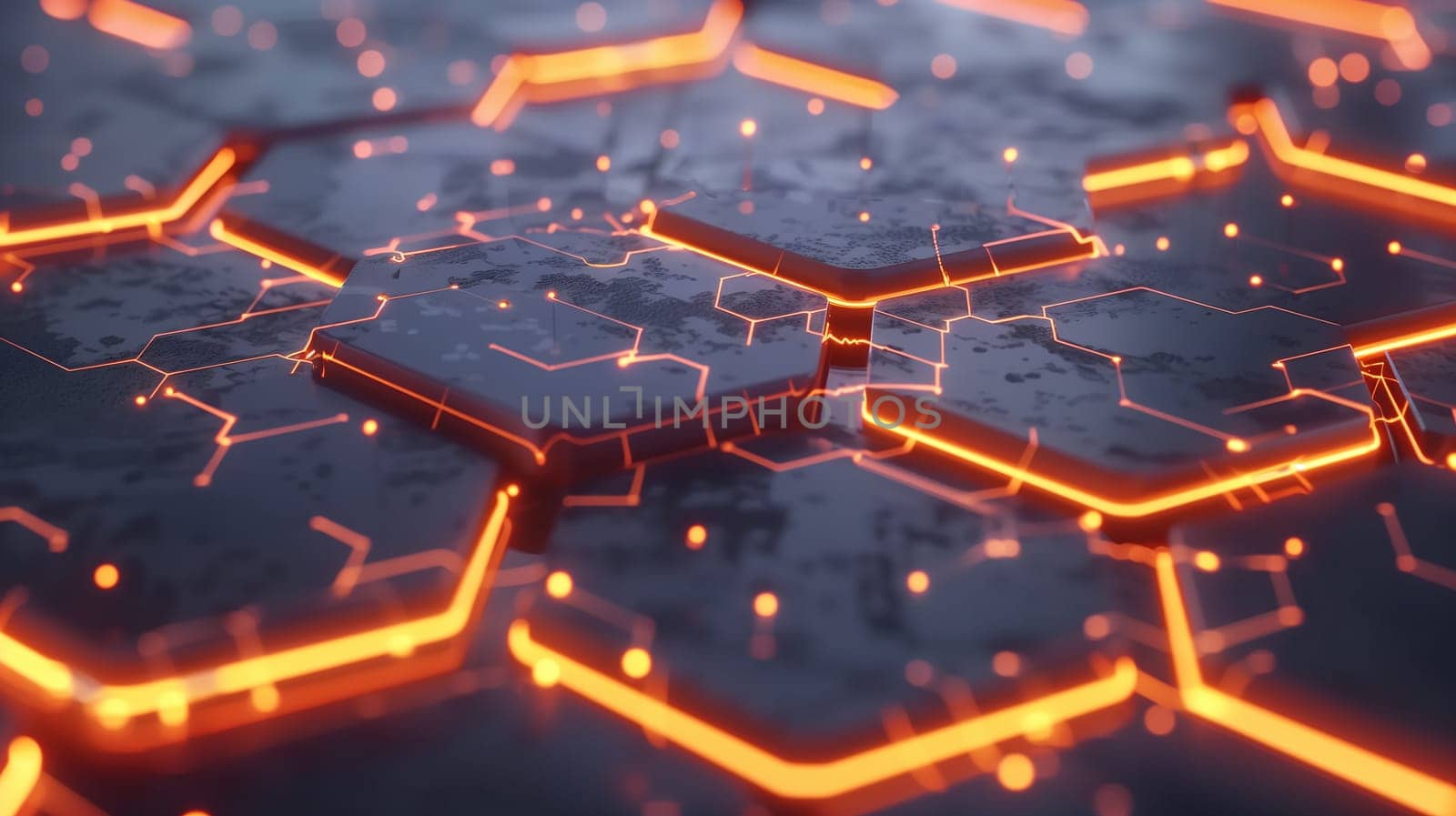 A close-up view of a circuit board with illuminated, orange pathways suggesting digital connectivity and electronic complexity against a dark background - Generative AI