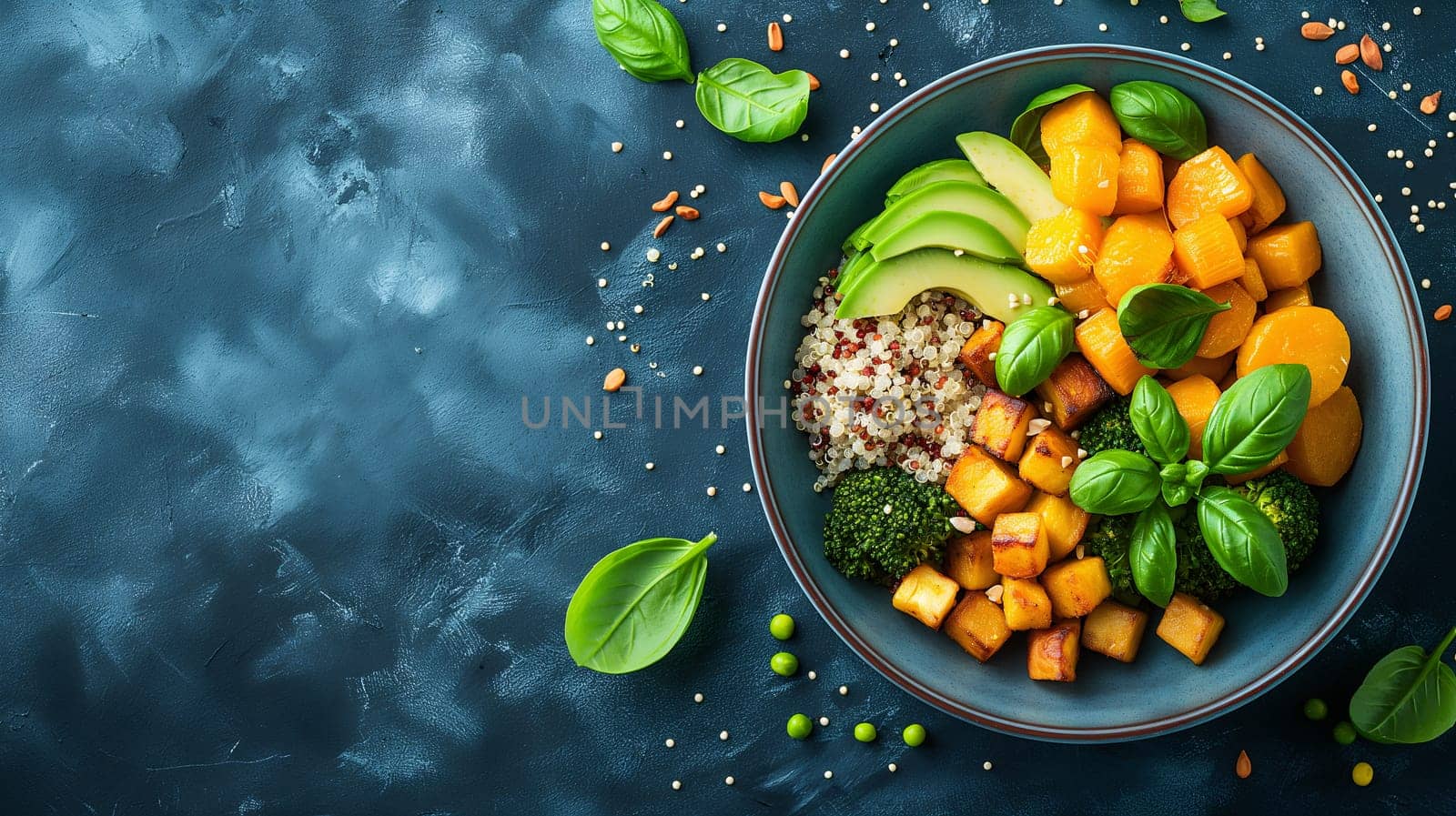 A colorful bowl filled with quinoa, sweet potato cubes, sliced avocado, broccoli, and garnished with fresh basil leaves on a dark background - Generative AI