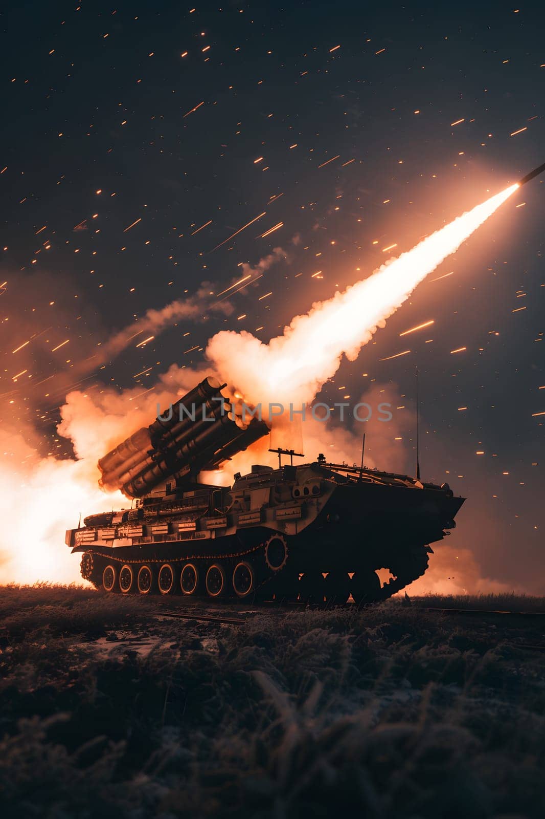 A rocket is launched into the sky from a combat vehicle, emitting gas and heat by Nadtochiy