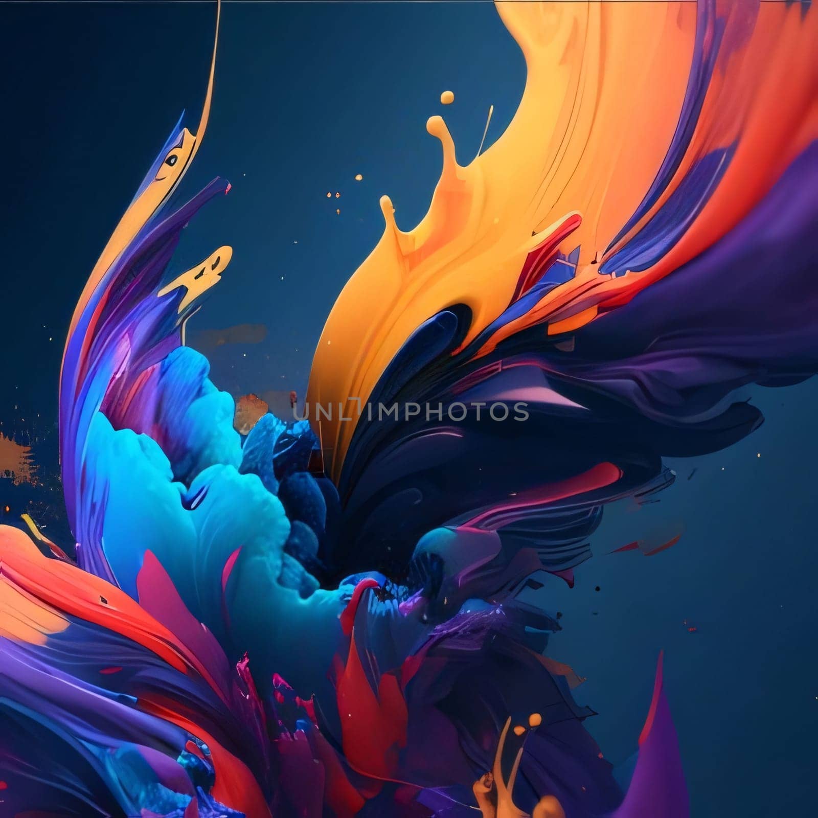 Colorful paint splashes on a dark background. 3D rendering by ThemesS