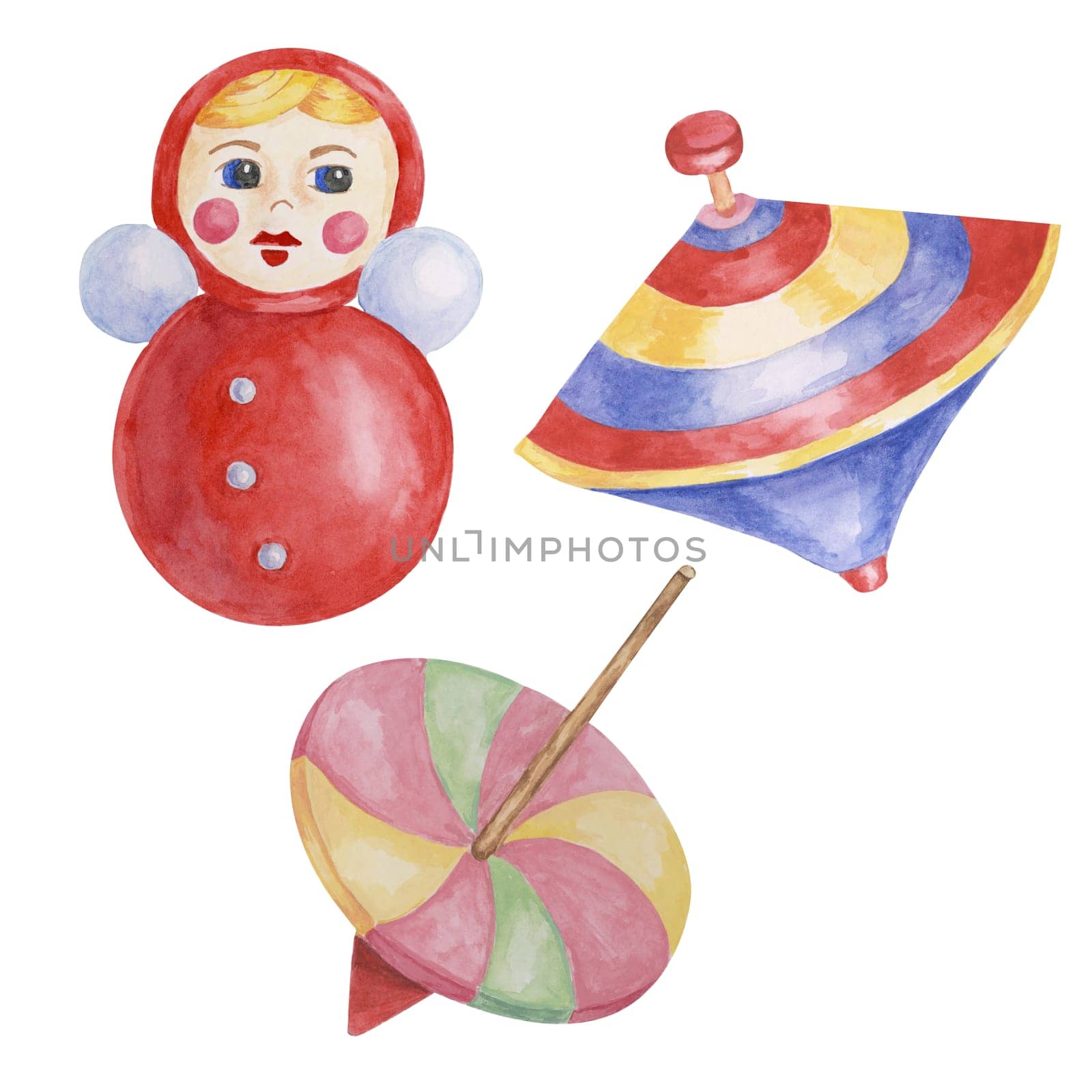 Spinning top, humming top and red roly poly tumbler doll toys. Retro balance whirligig play objects kids watercolor game clipart for baby shower, invitation, birthday party, postcard, nursery decor