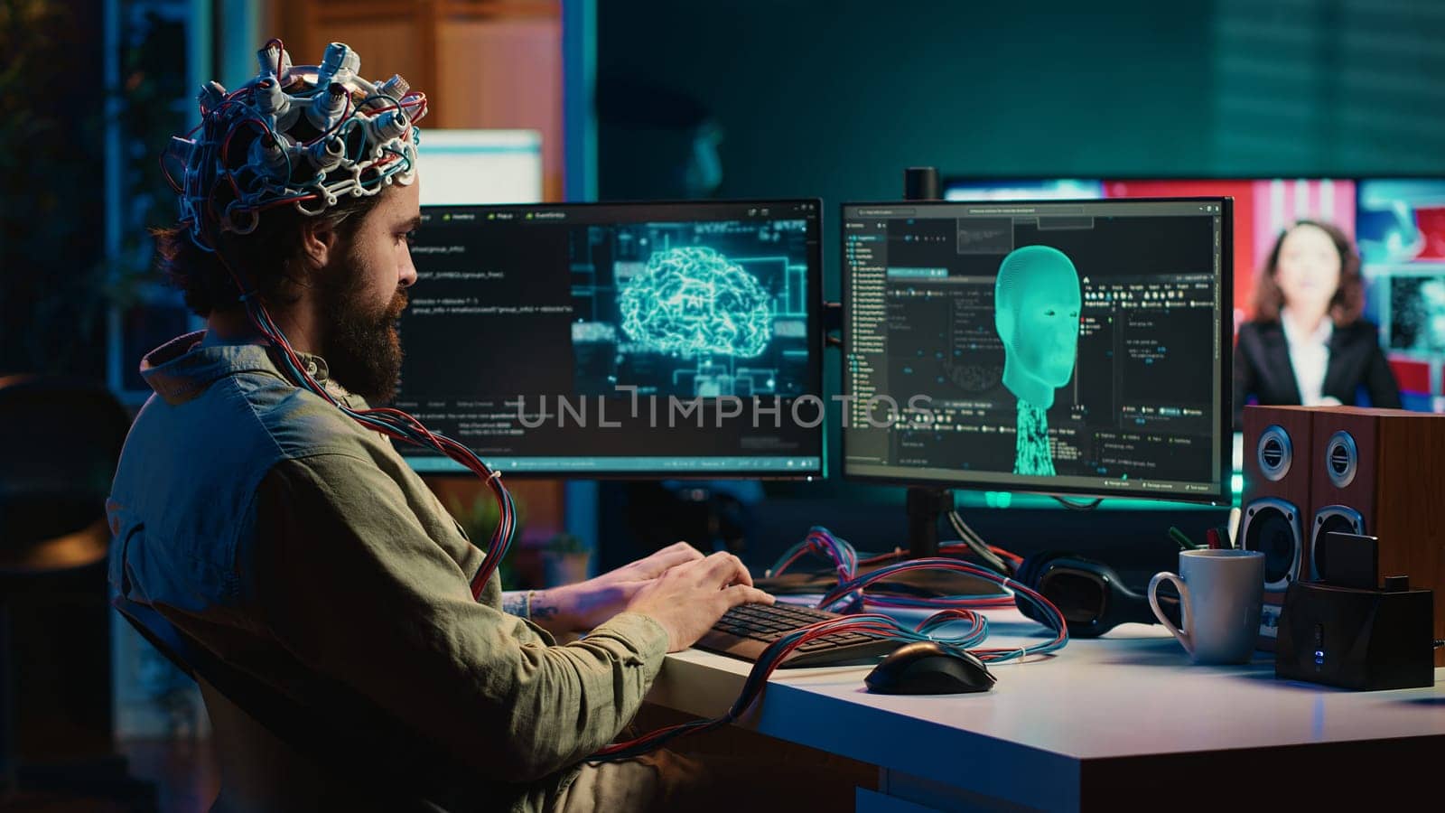 Computer engineer using EEG headset, starting mind upload process using brain machine interface. Man using neuroscientific device to transfer consciousness into cyberspace, typing code, camera A