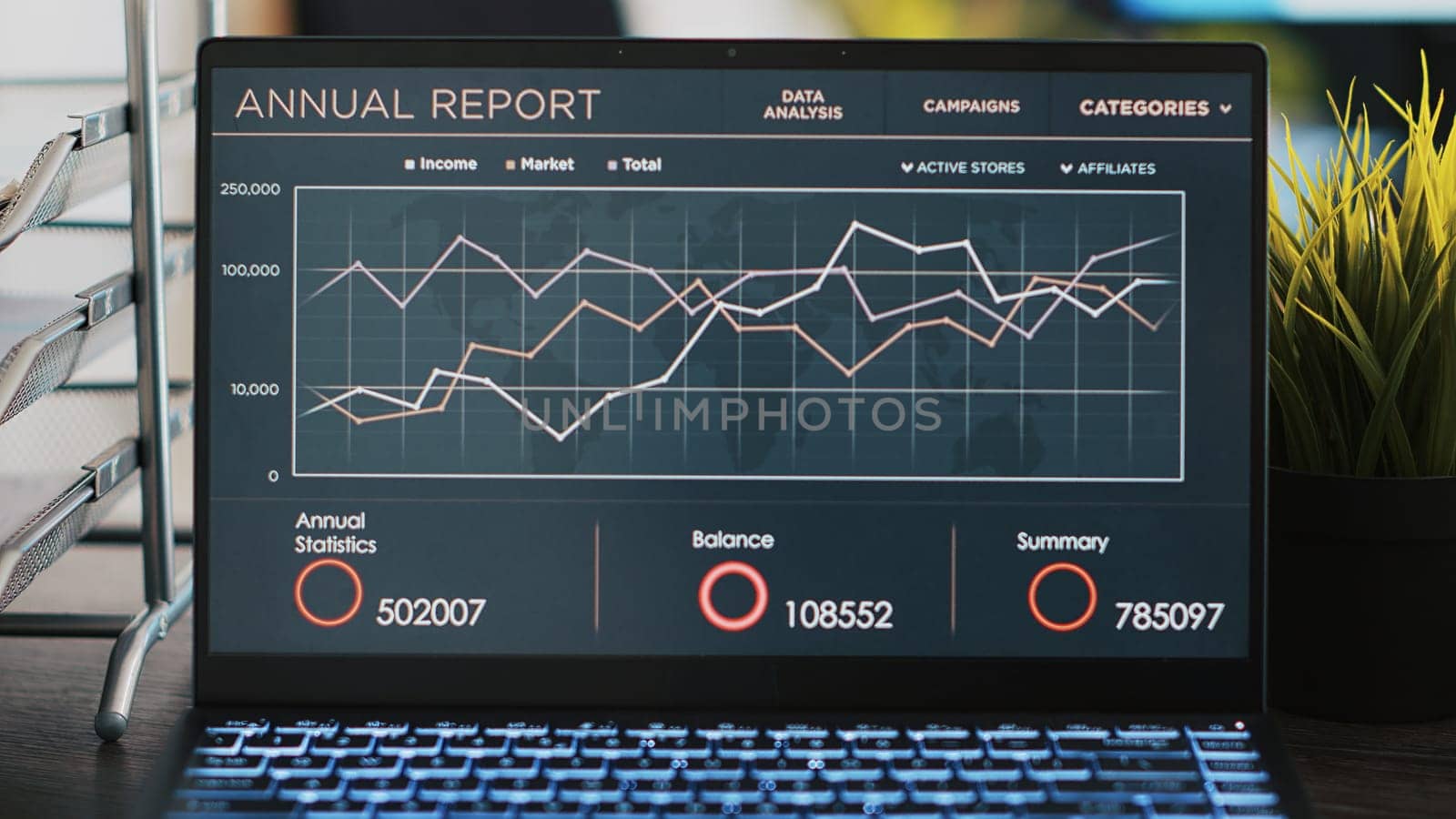 Business diagram and figures on laptop left open on desk in empty workplace, close up. Financial annual report charts on notebook screen in company accounting department office, panning shot