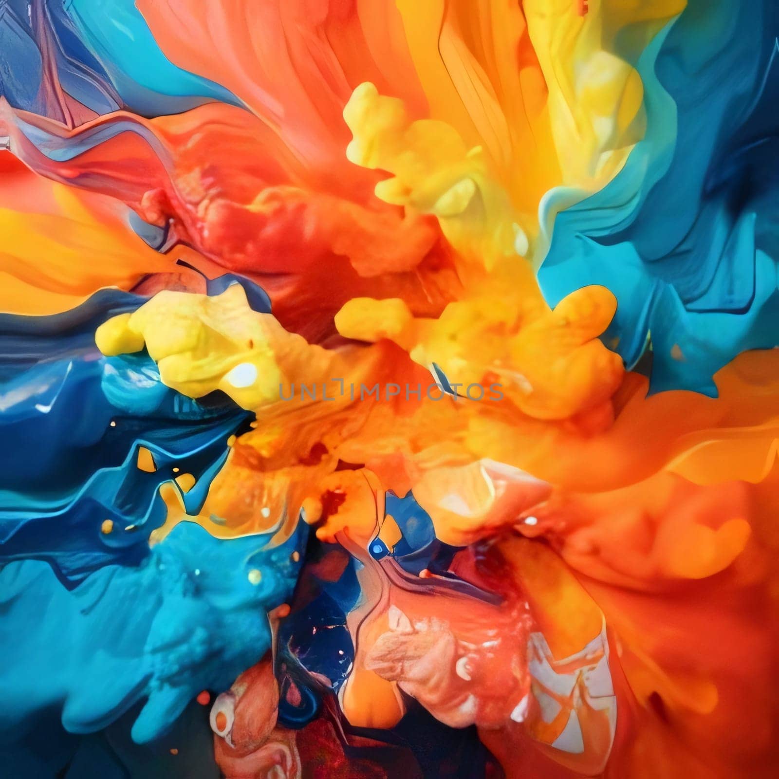 abstract background with blue, orange and yellow paint mixing in water by ThemesS