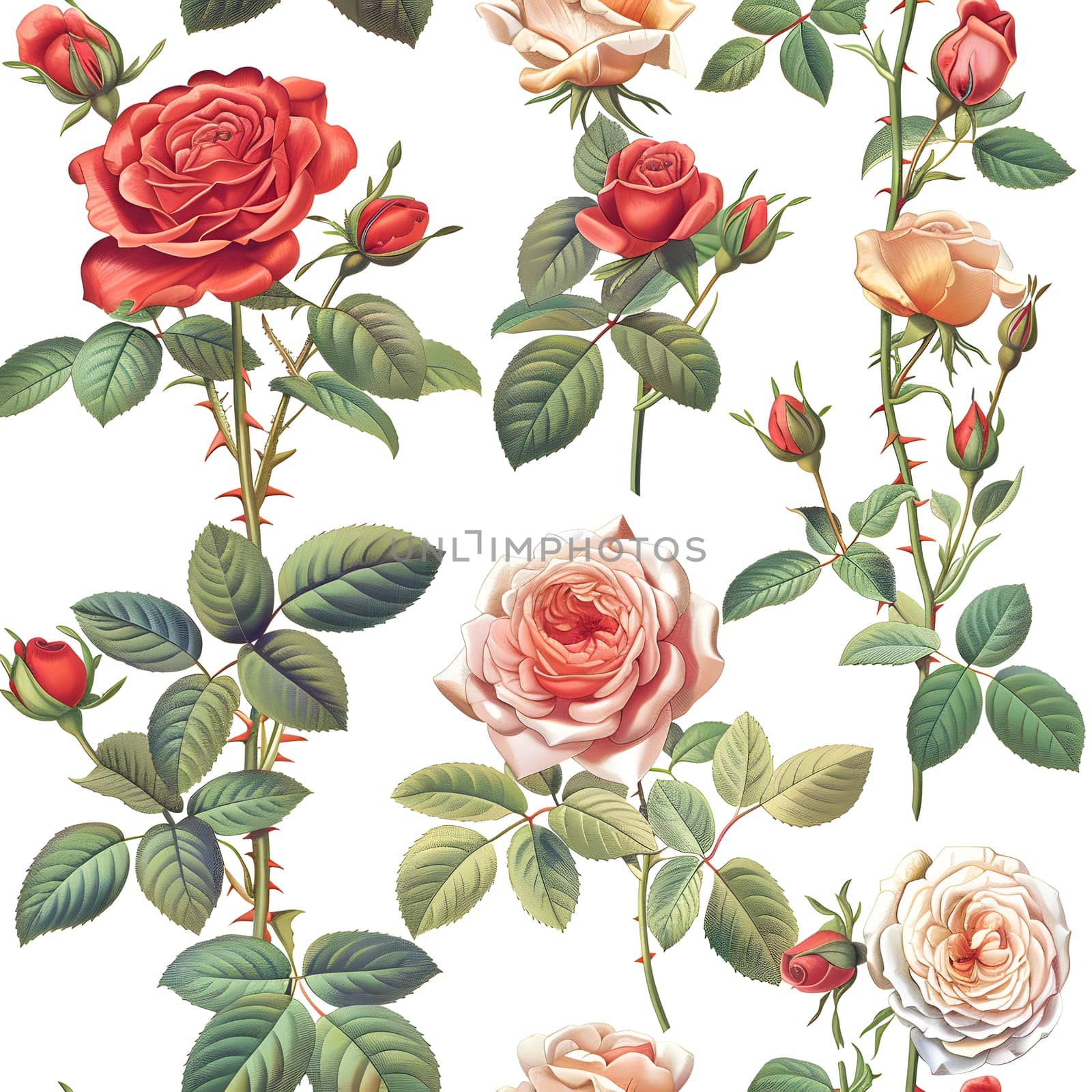 A beautiful seamless pattern featuring hybrid tea roses with green leaves on a white background. Perfect for flower enthusiasts, botany lovers, or anyone who appreciates the beauty of roses