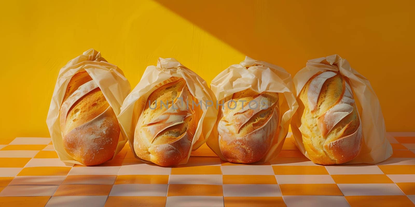 Four loaves of bread, a staple food, are displayed on a checkered tablecloth. The baked goods can be used as an ingredient in various dishes and recipes, and are a popular food item in many cuisines