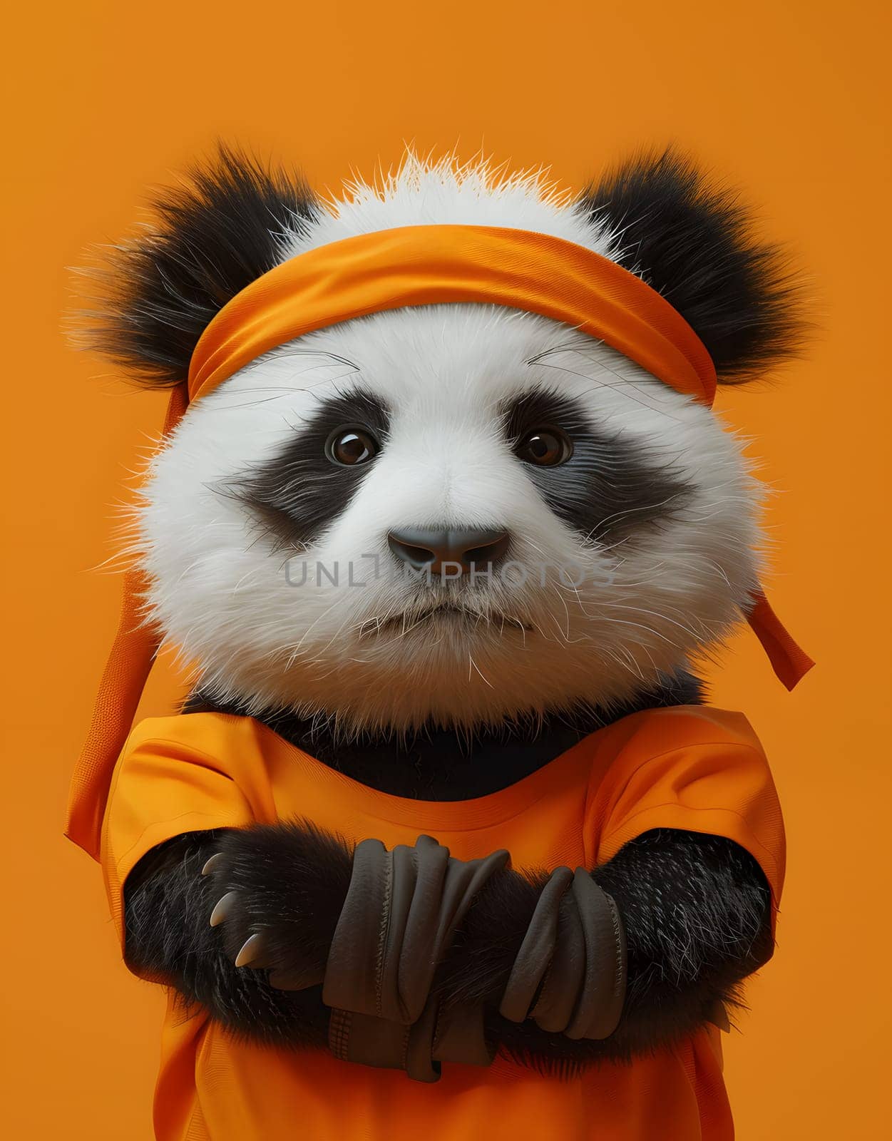 Red panda with orange fur, wearing an orange shirt and headband by Nadtochiy