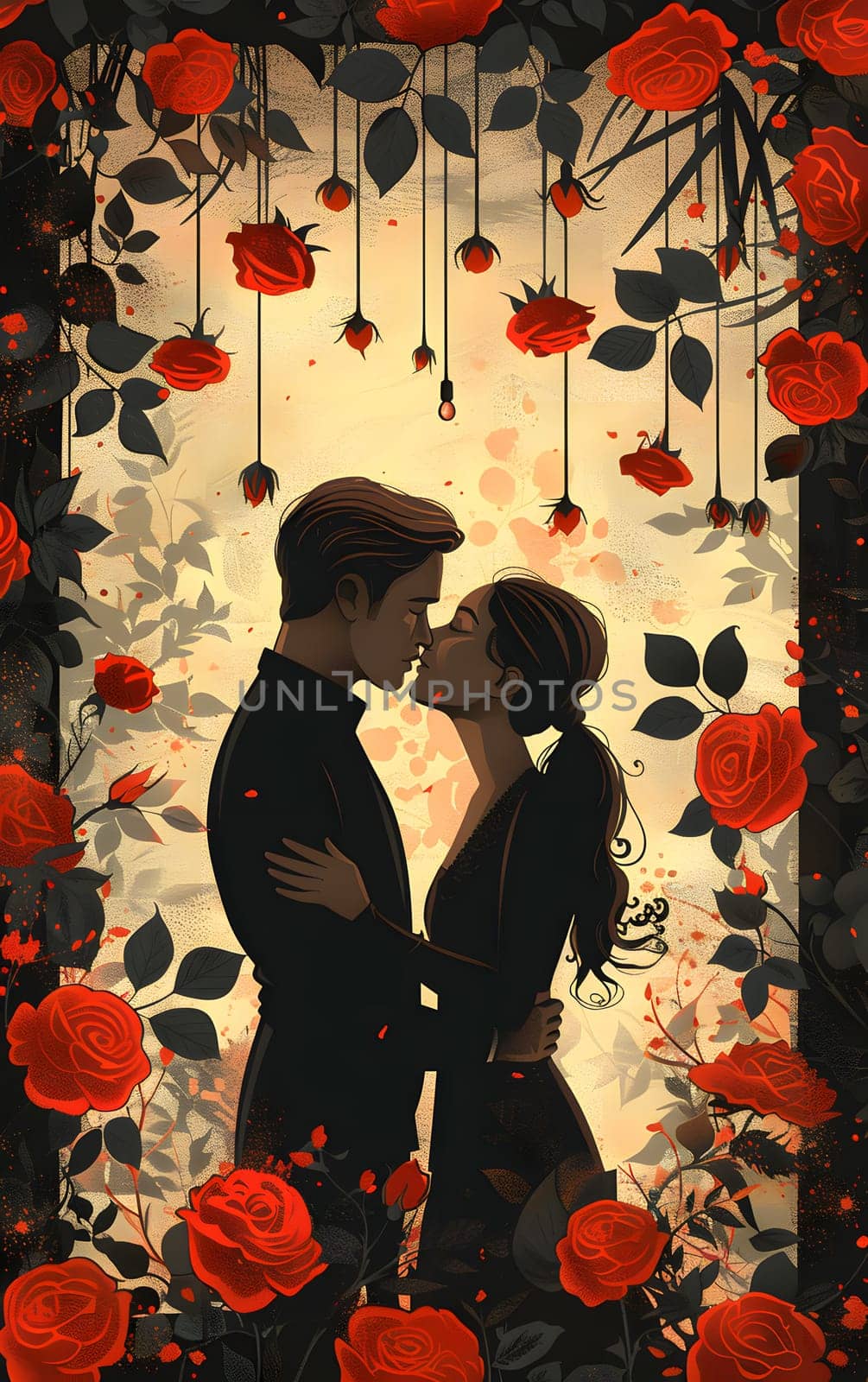 A man and a woman share a romantic kiss under a canopy of red roses, surrounded by petals and textile. The gesture is happy and signifies love in a creative art of flower arranging