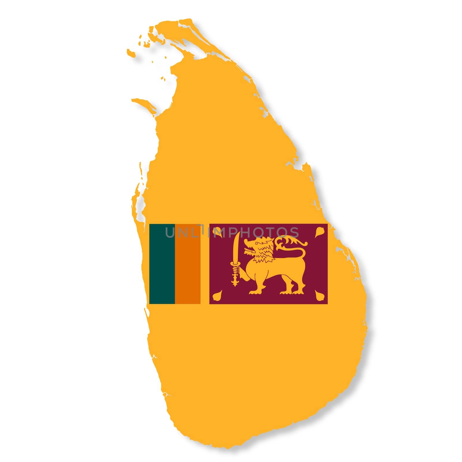 A Sri Lanka flag map on white background with clipping path