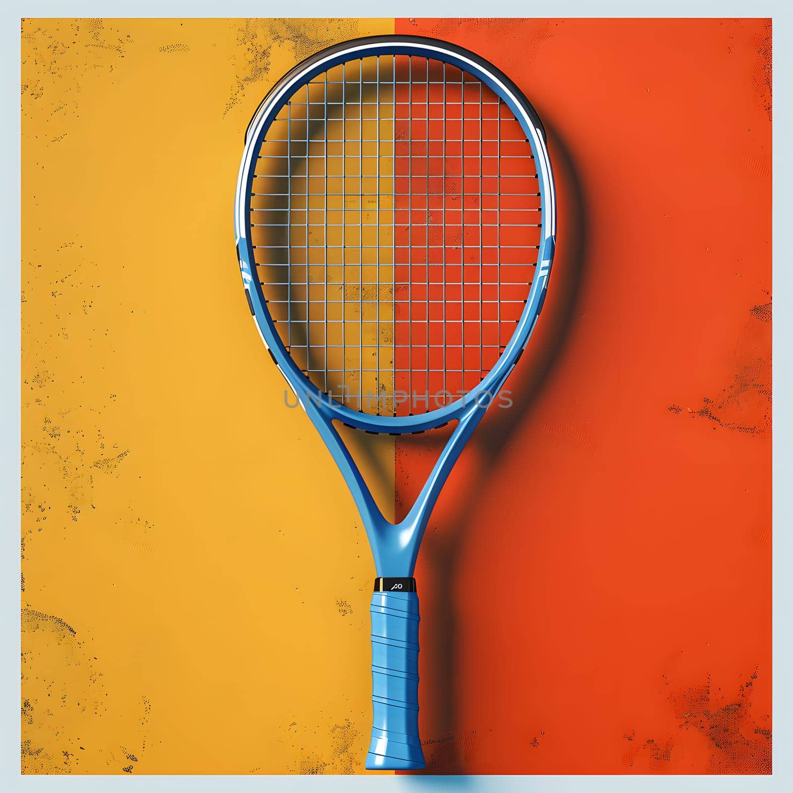 An electric blue tennis racket displayed on a vibrant red and yellow background. The artwork features symmetry and uses tints and shades to create a captivating design