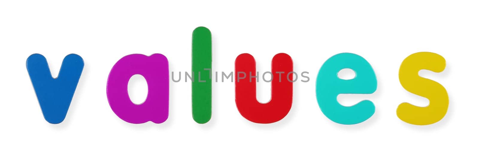 A values word in coloured magnetic letters on white with clipping path to remove shadow