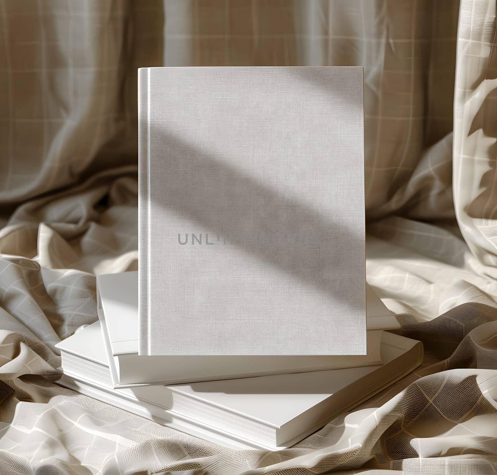 A stack of white books, made of paper product, lay on a wooden bed frame. The rectangular shape and transparency of the glass on the cover create a sleek design against the linens and flooring