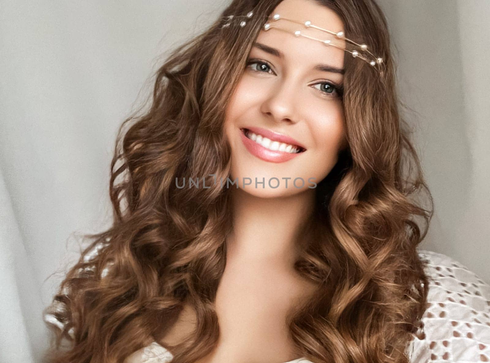 Beautiful bridal look, bride with long hair, wearing pearl tiara jewellery and beauty makeup, woman with curly hairstyle, face portrait for wedding and fashion style by Anneleven