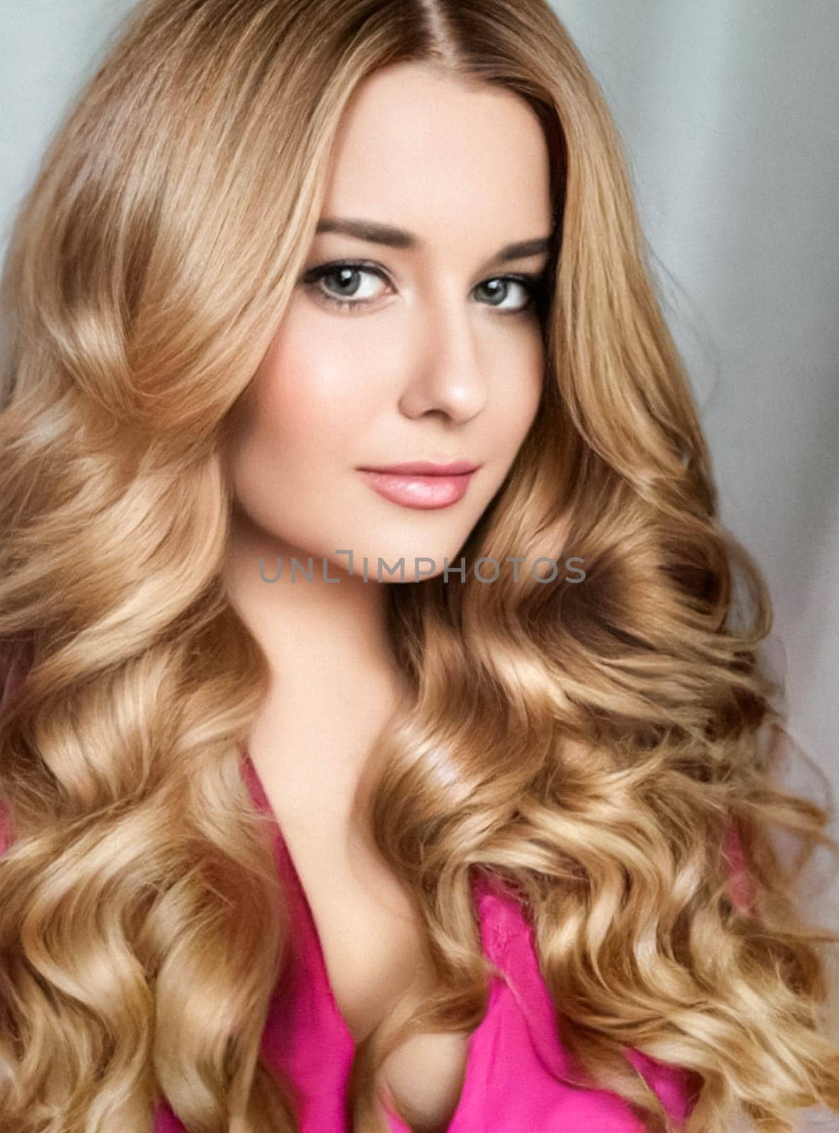 Beautiful blonde woman with curly volume hairstyle, long luxurious hair and beauty makeup, glamorous look face portrait for luxury fashion and natural cosmetics by Anneleven