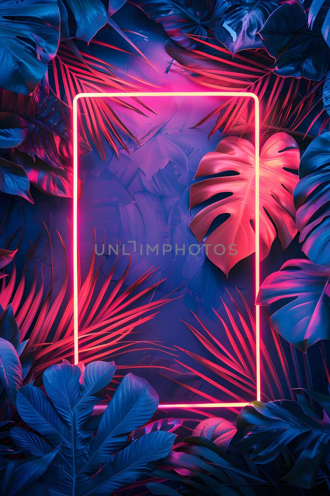 An electric blue neon frame, adorned with tropical leaves in shades of blue, purple, and magenta, creating a striking visual effect in the dark