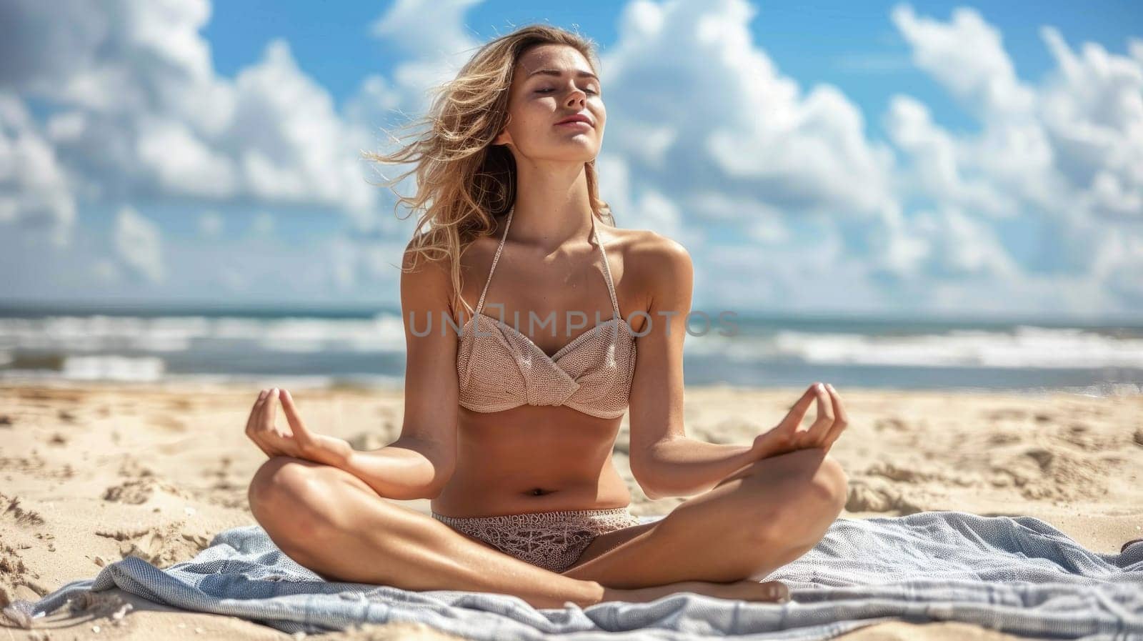 Young beautiful woman wear a two-piece sitting on a blanket on the sand meditating, on the beach. by Chawagen