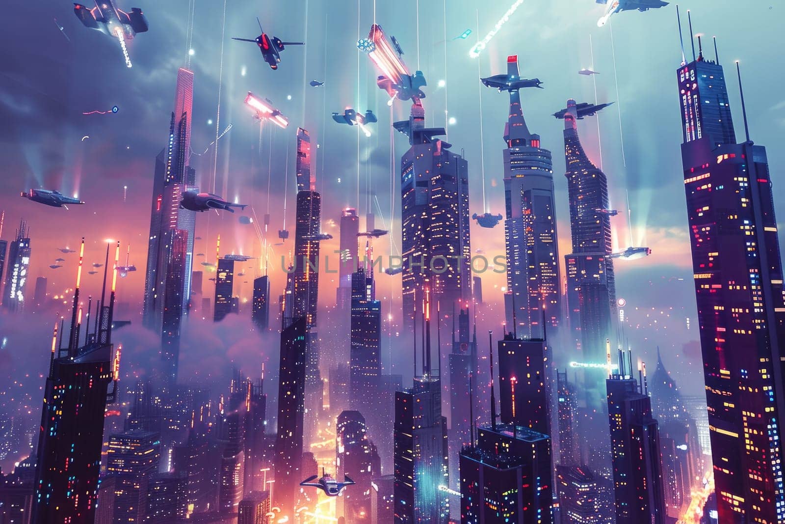 Futuristic cityscape rendered in 3D, with towering skyscraper illuminated by neon lights and flying. by Chawagen