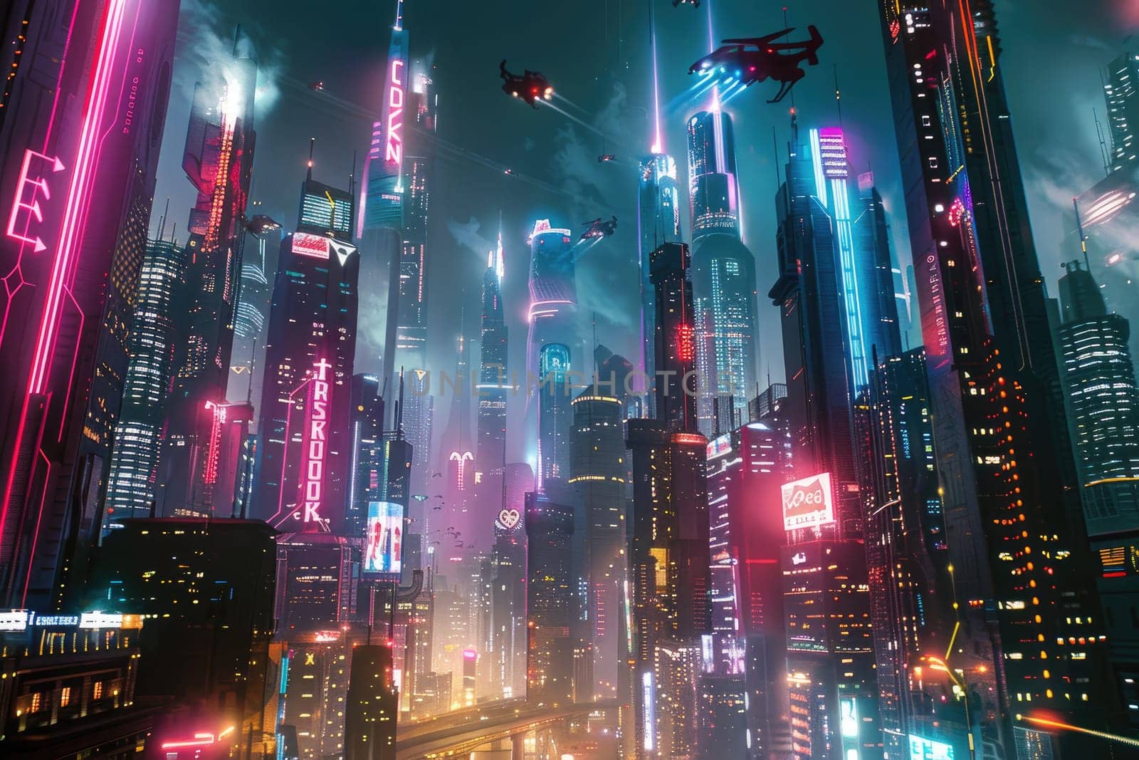 Futuristic cityscape rendered in 3D, with towering skyscraper illuminated by neon lights and flying