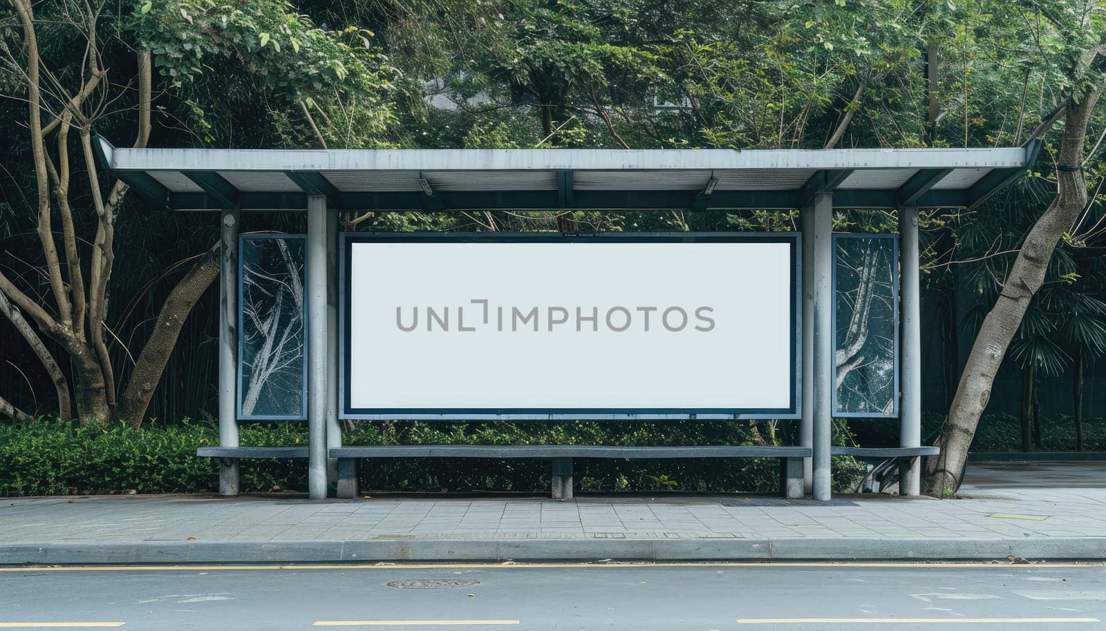 Photo of a blank billboard seamlessly integrated into a bus stop shelter