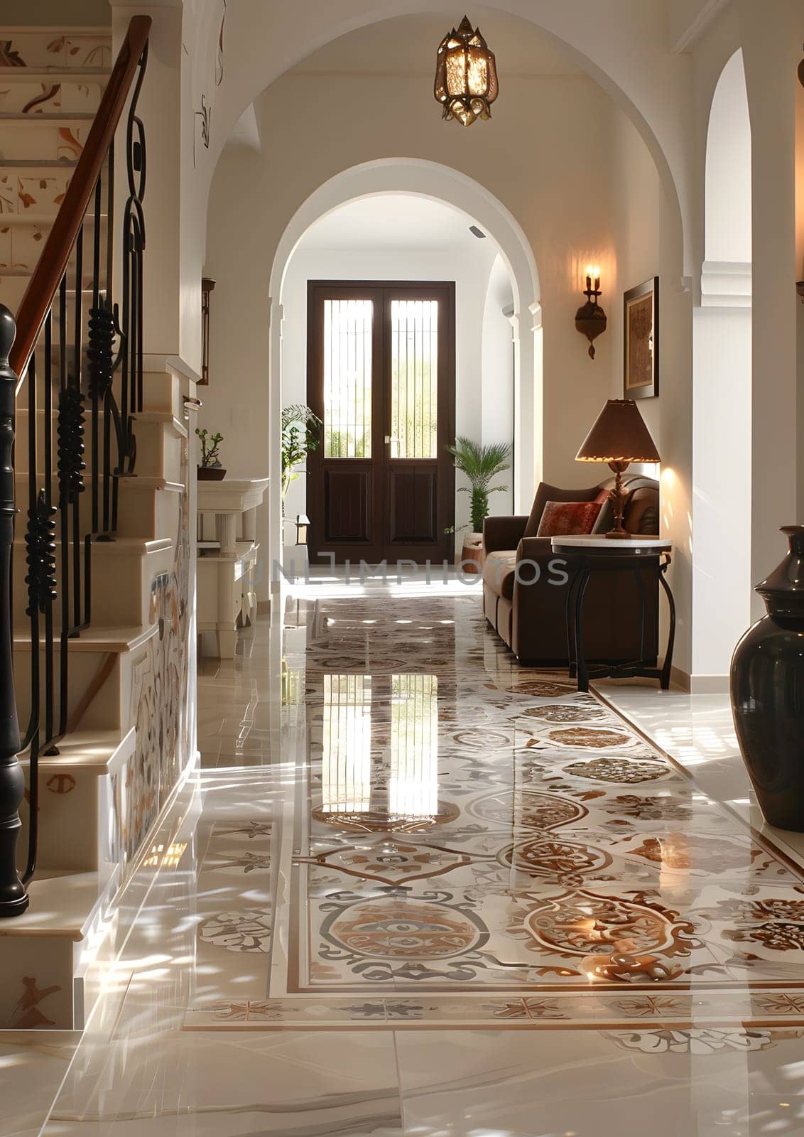 Elegant hallway in a building with marble floor and staircase by Nadtochiy