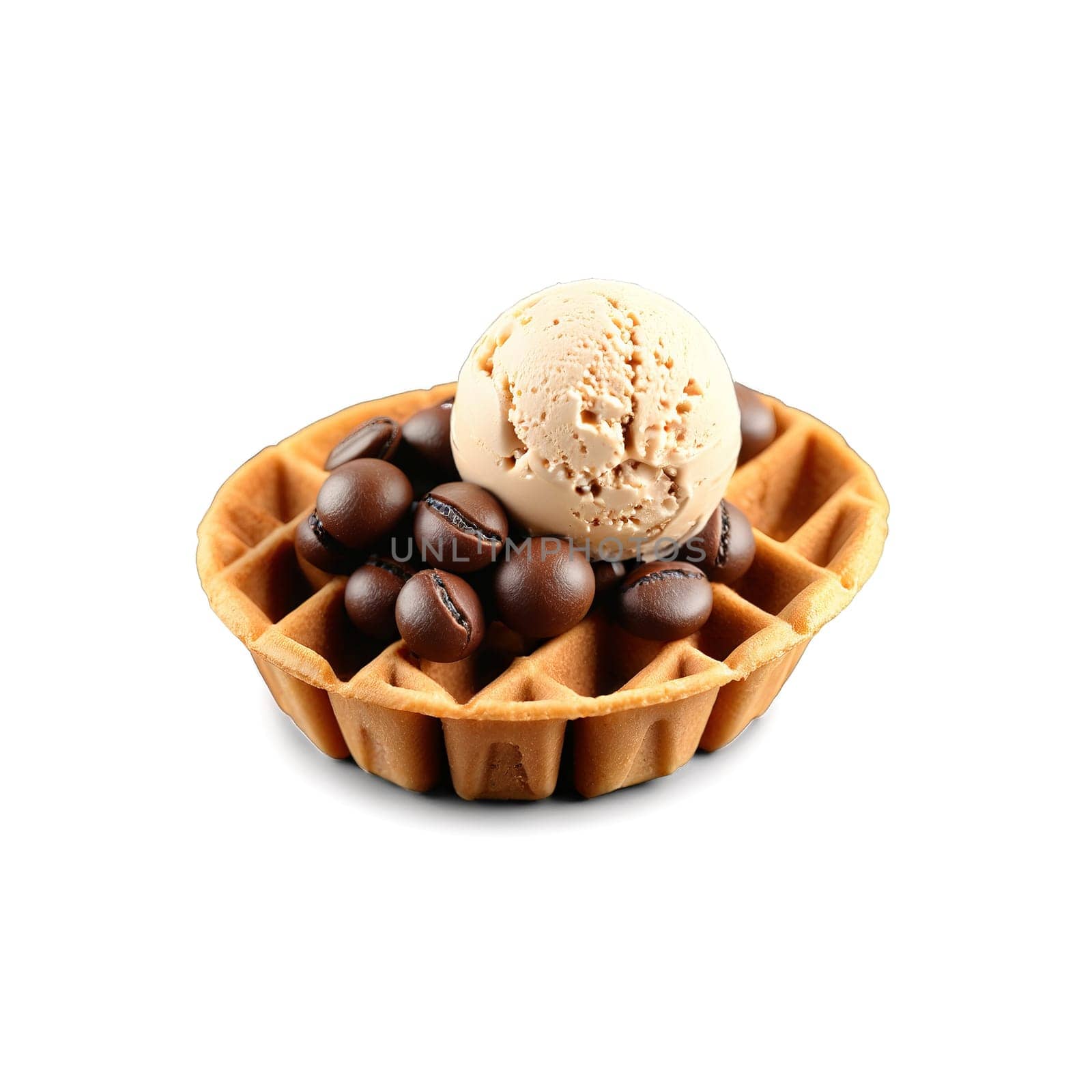 Espresso ice cream rich coffee color in a waffle bowl garnished with a chocolate covered by panophotograph