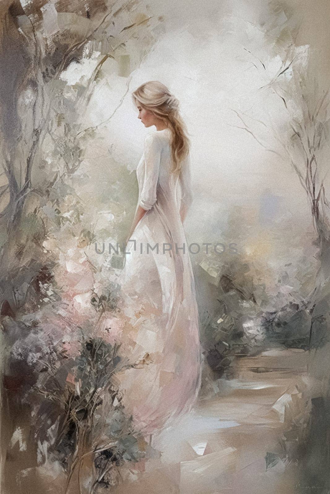 Fine art painting of a woman in the English countryside, landscape romantic nature in soft pastel colours, natural beauty, printable art design idea
