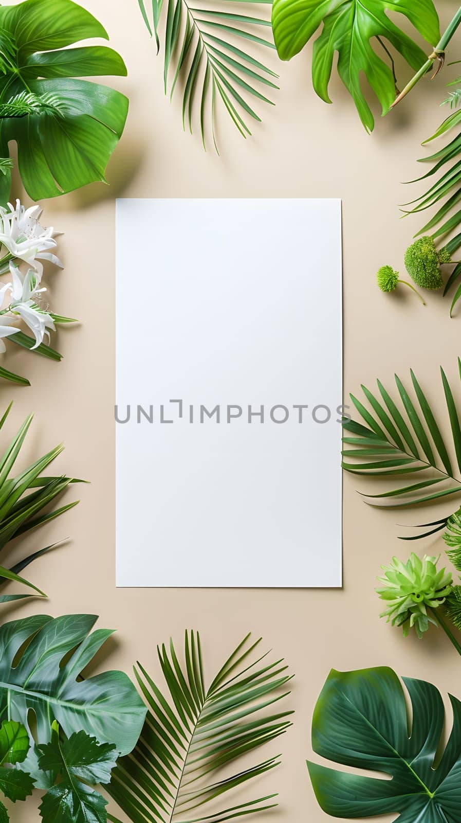 A white card is enclosed by lush tropical leaves and vibrant flowers on a beige background, showcasing a beautiful display of greenery and plant life