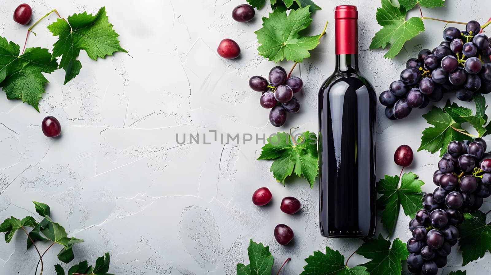 A glass bottle of red liquid, surrounded by green grapes and leaves, placed on a table. The scene includes plant organisms and drinkware