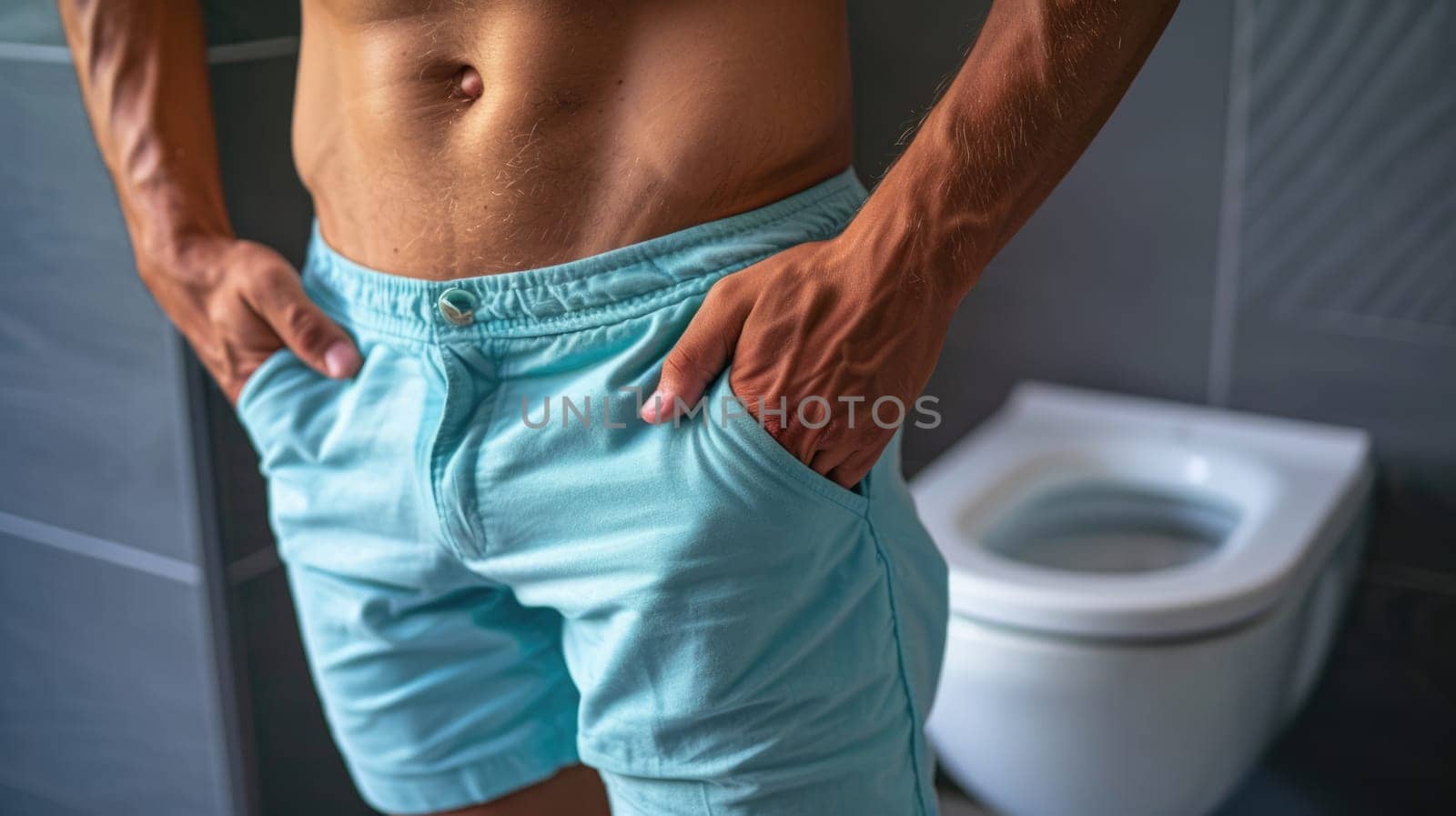 The image shows a man standing in front of a toilet. He is wearing blue shorts and has his hands in his pockets. AIG51A.