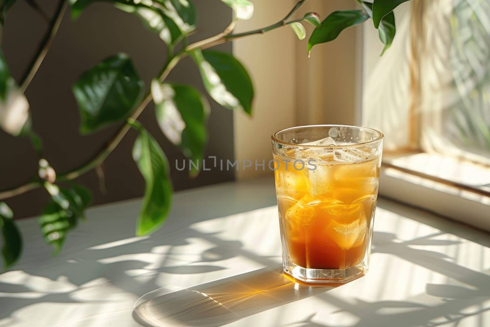 A glass of iced black coffee on white background with plant and clean composition, Minimal style by nijieimu