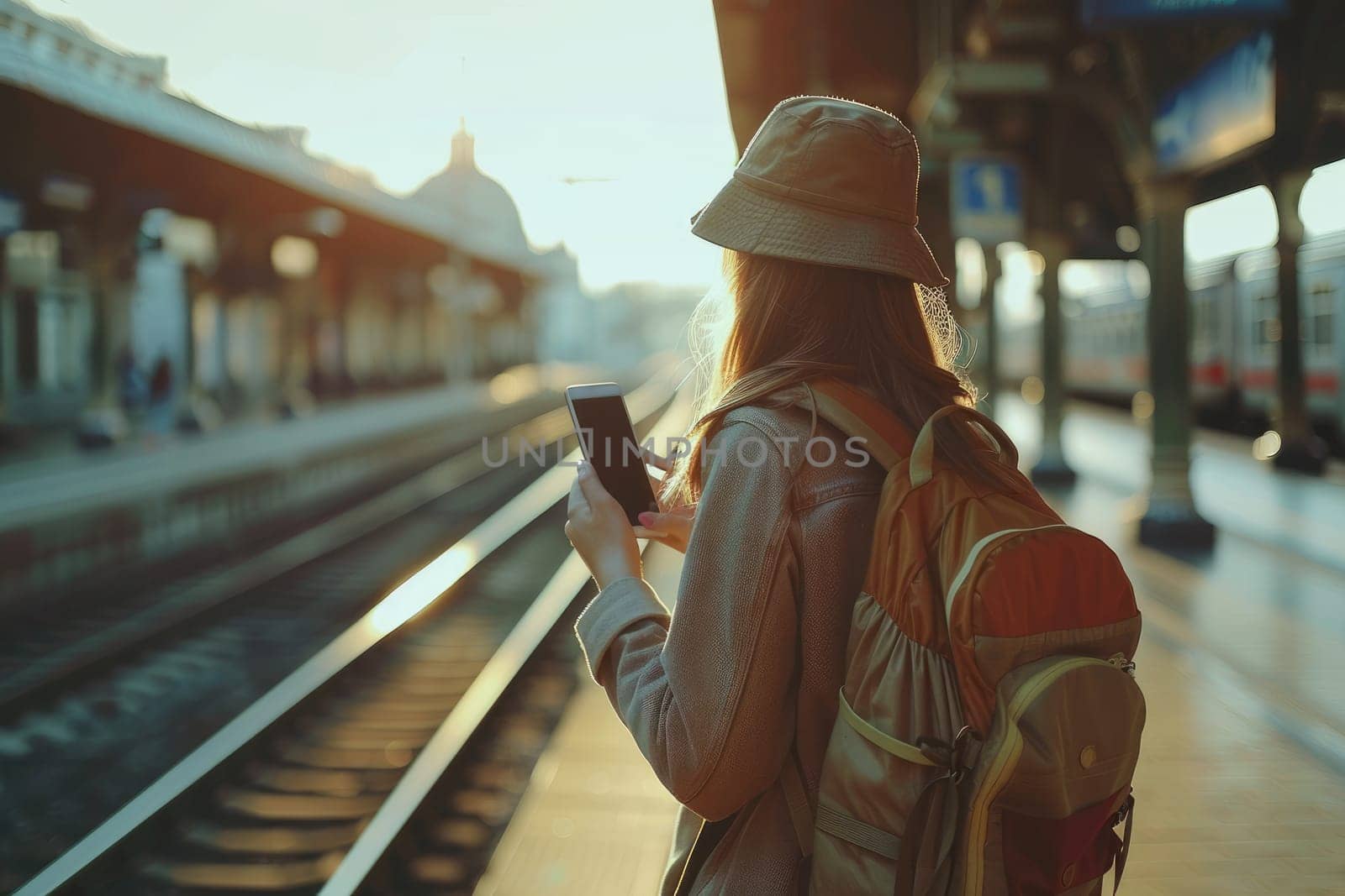 Close up of a woman's hand using mobile phone at railway station.