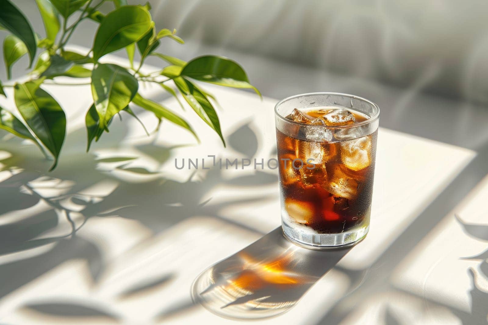 A glass of iced black coffee on white background with plant and clean composition, Minimal style.