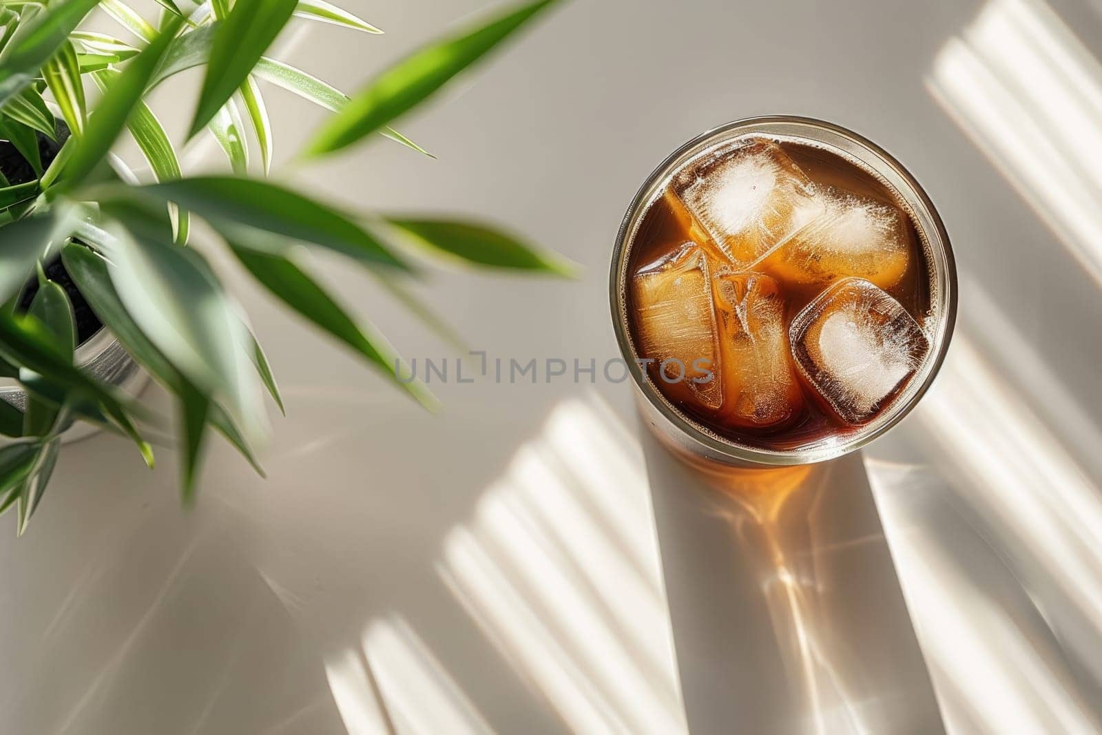 A glass of iced black coffee on white background with plant and clean composition, Minimal style by nijieimu