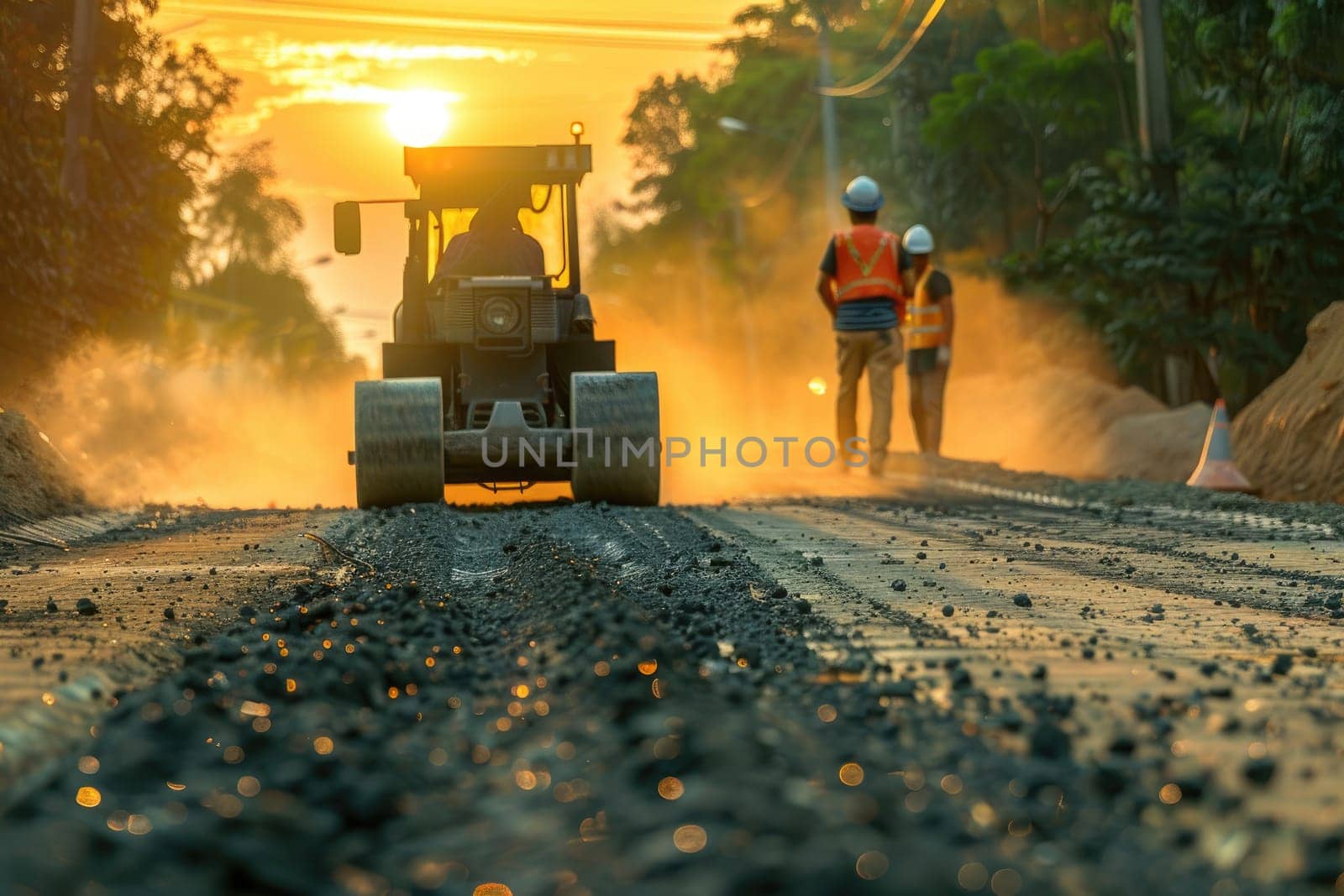 Engineers and worker are working on road construction.