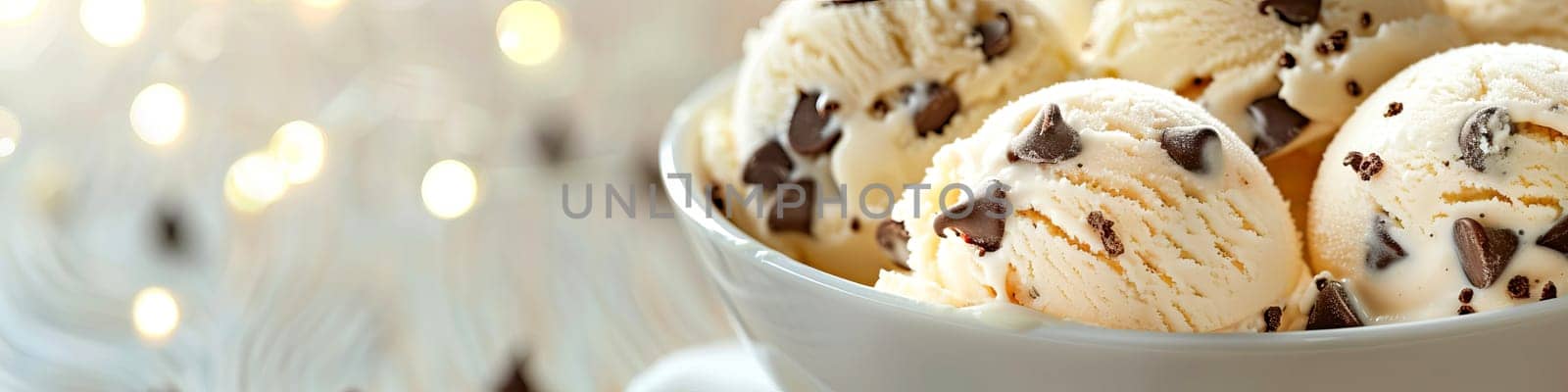Ice cream with chocolate chip cookie. Banner, place for text. AI generated. by OlgaGubskaya