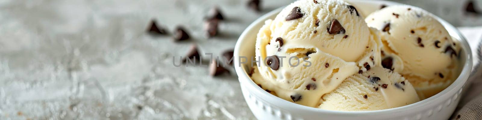 Ice cream with chocolate chip cookie. Banner, place for text. AI generated. by OlgaGubskaya