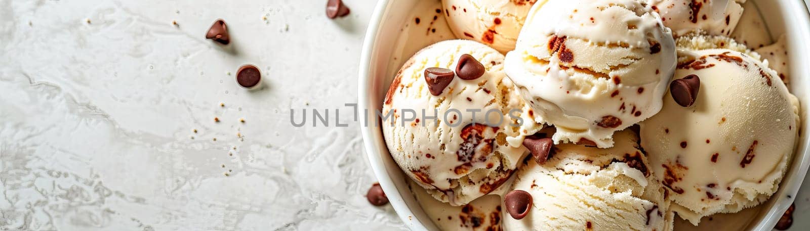 Homemade creamy ice cream with chocolate chip cookie pieces in an ice cream bowl. Banner with place for text. AI generated.