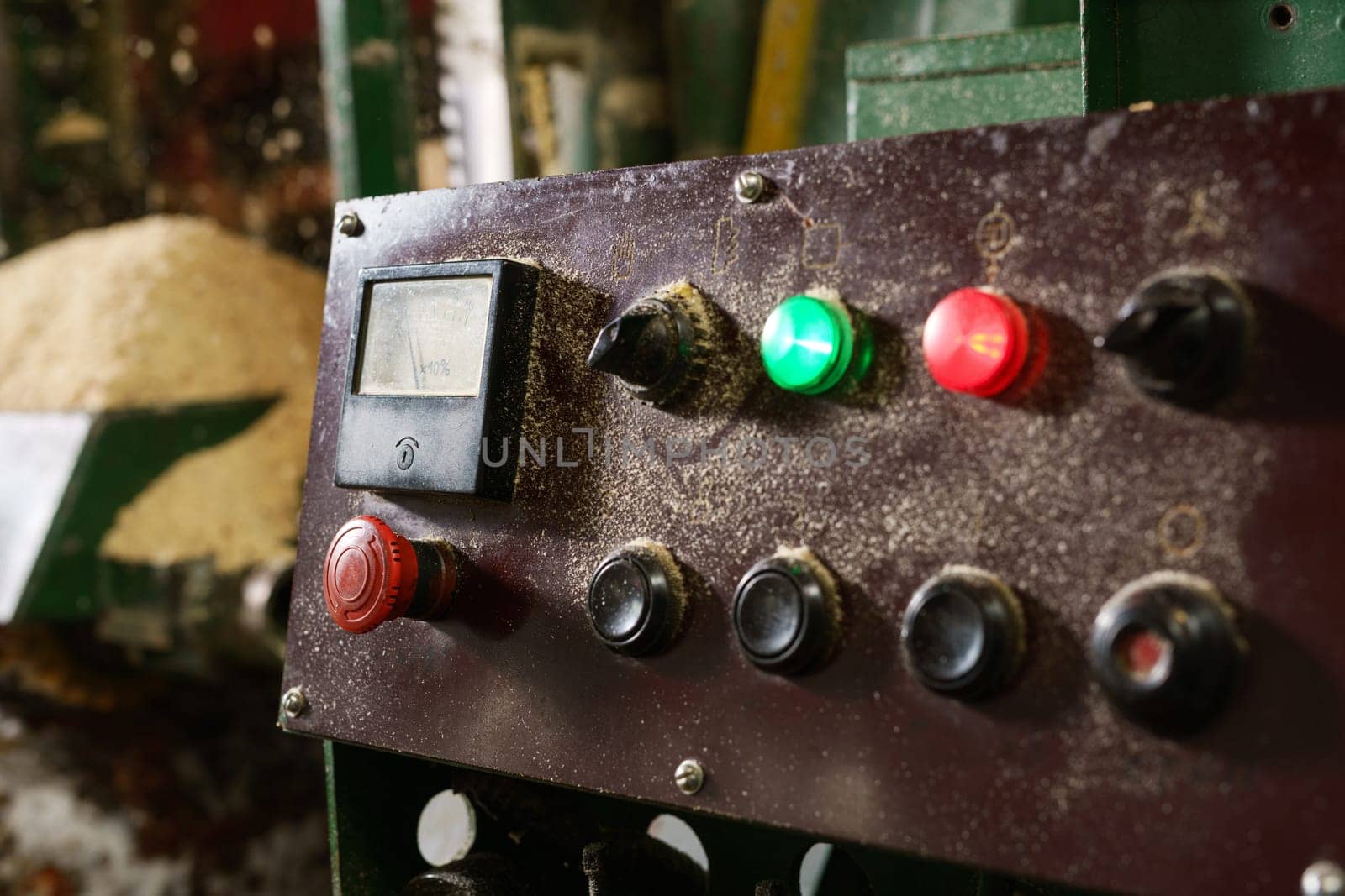 At sawmill. Control panel with luminous indicators, close-up