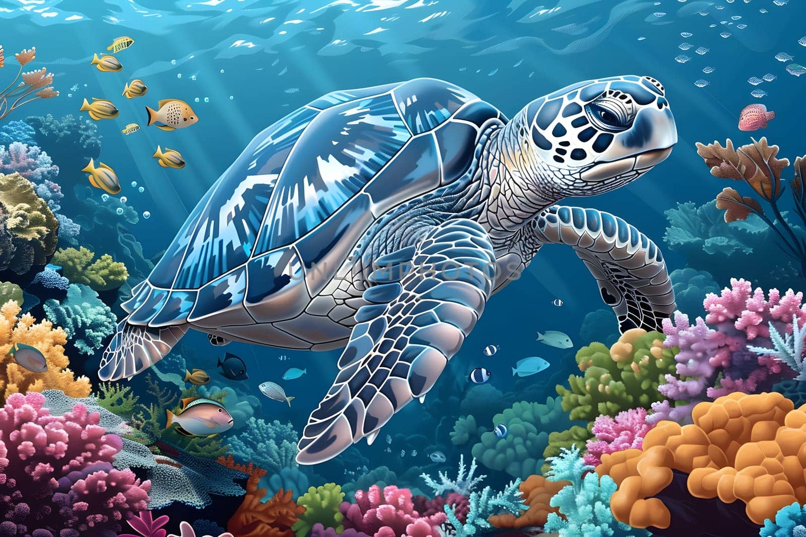 An organism, a sea turtle, gracefully swims in the fluid water near a coral reef. This marine biology adaptation showcases the beauty of underwater coastal and oceanic landforms