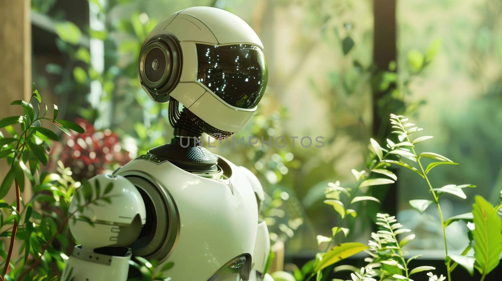 The robot helps in caring for flowers. Robot - greenhouse worker AI