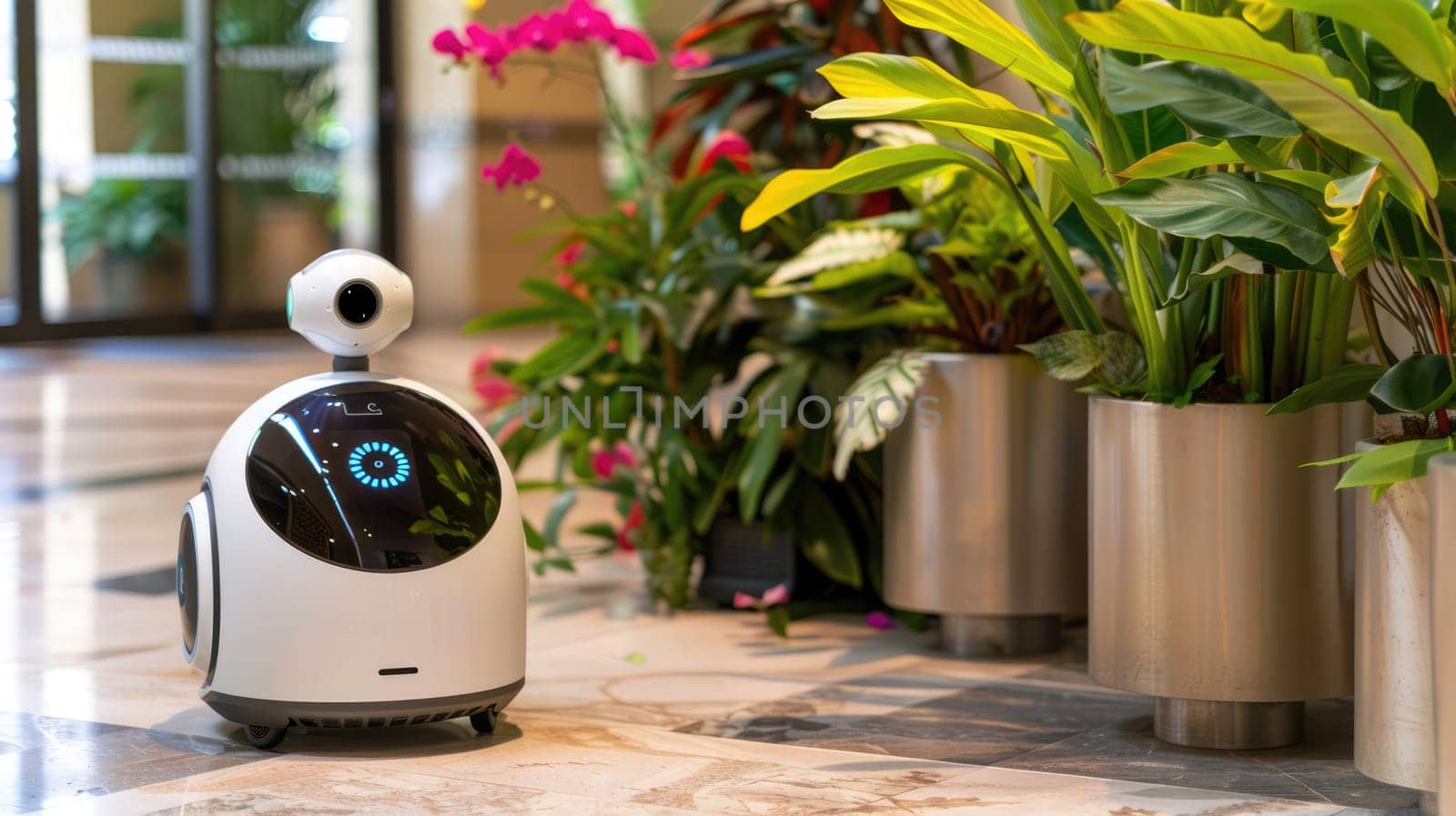 The robot helps in caring for flowers. Robot - greenhouse worker AI