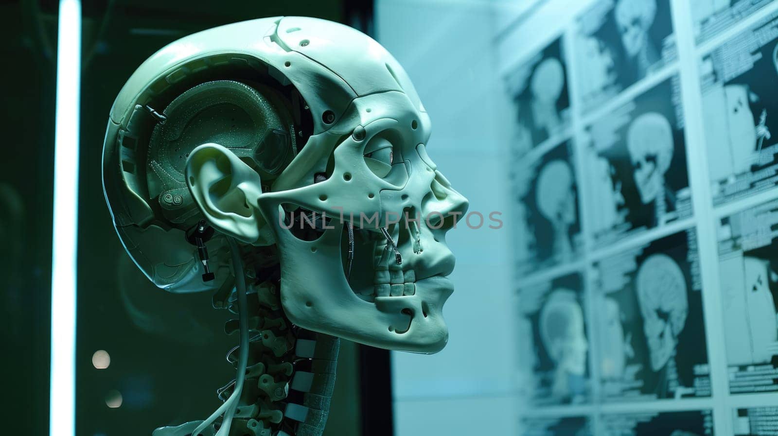 A robotic head sculpture is showcased against a backdrop of monochrome skulls AI