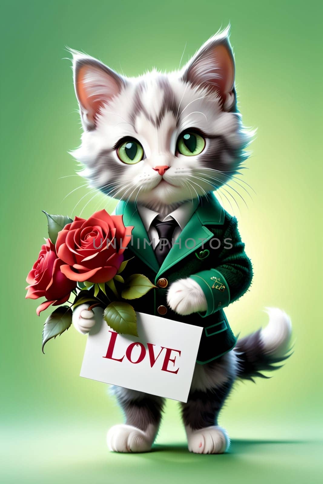 cute cat holding roses and a Love you sign, isolated on a green background .