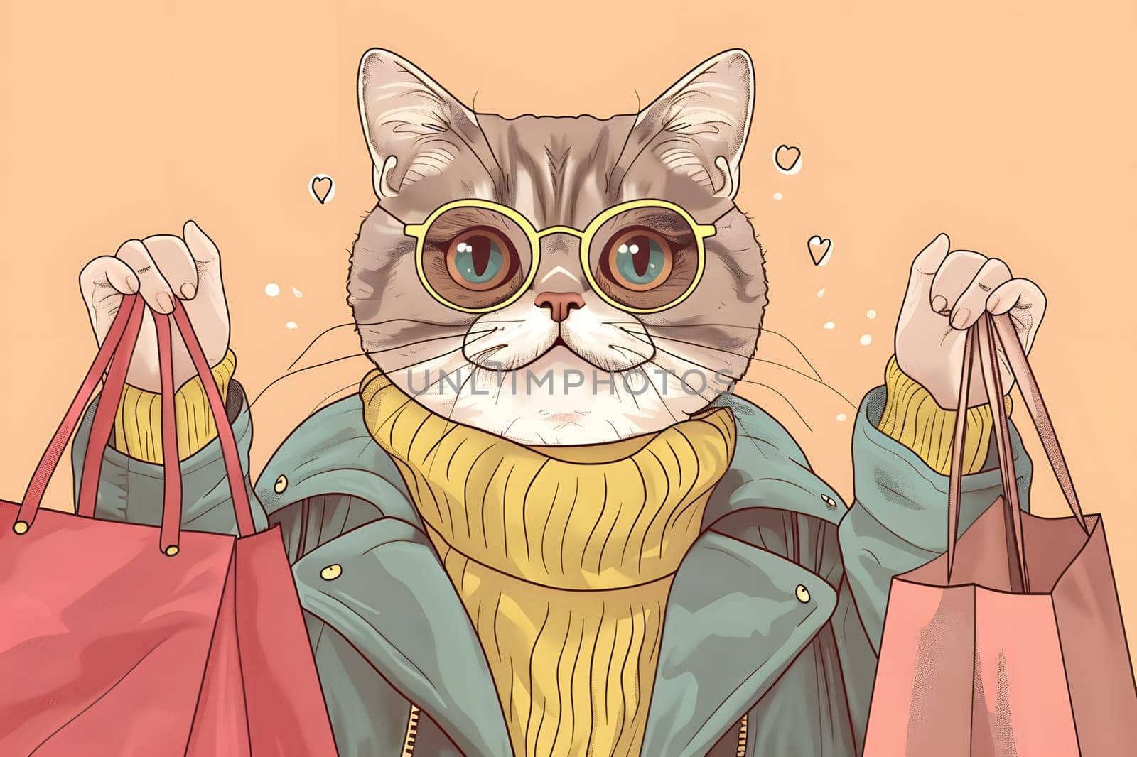 Cartoon Cat in glasses and jacket, holding shopping bags by Nadtochiy